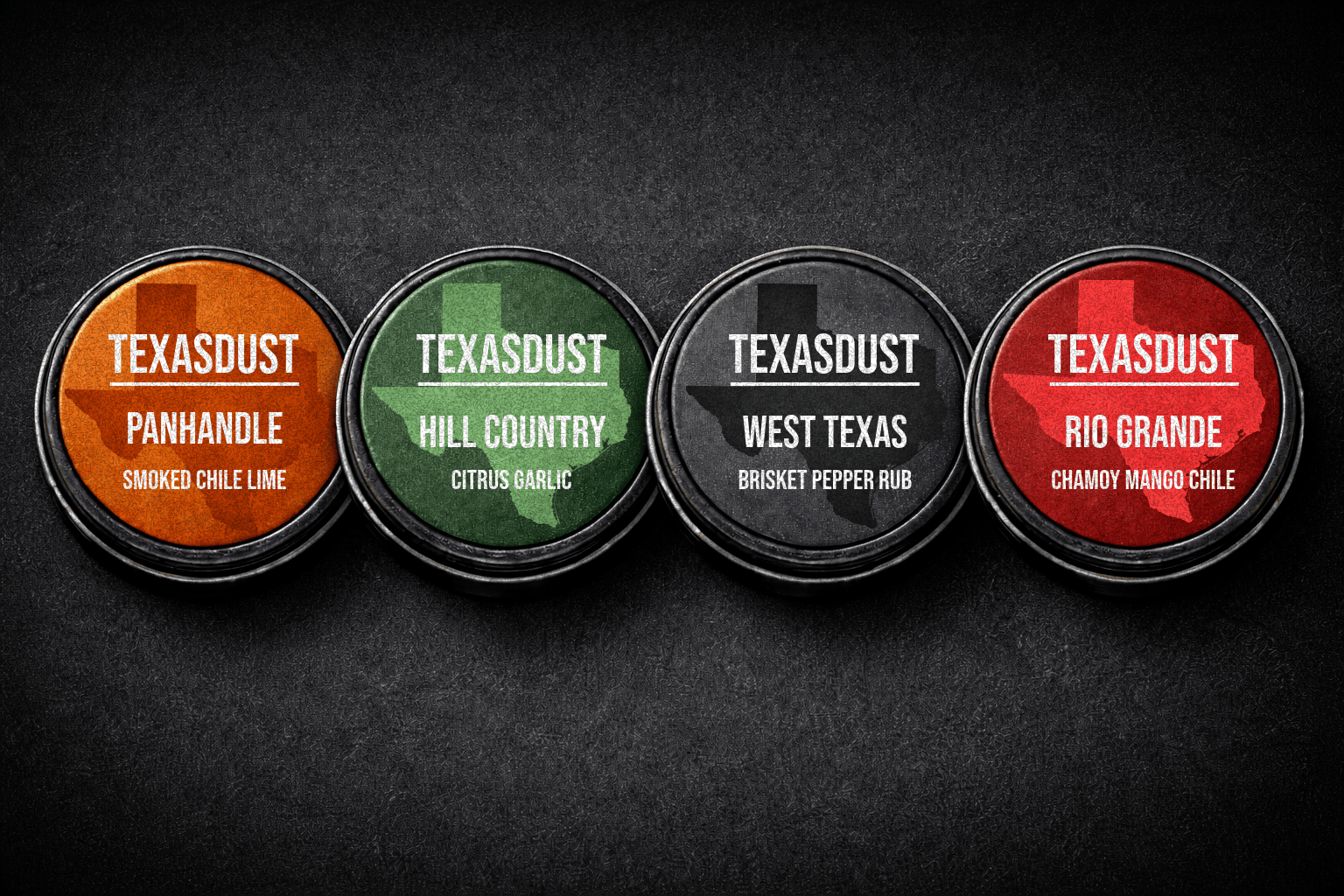 Texas Dust four seasoning tins — Panhandle, Hill Country, West Texas, Rio Grande